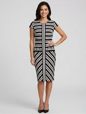 Karl Lagerfeld Paris Career Stretchy Sheath Striped Dress, Black & White, Size 4